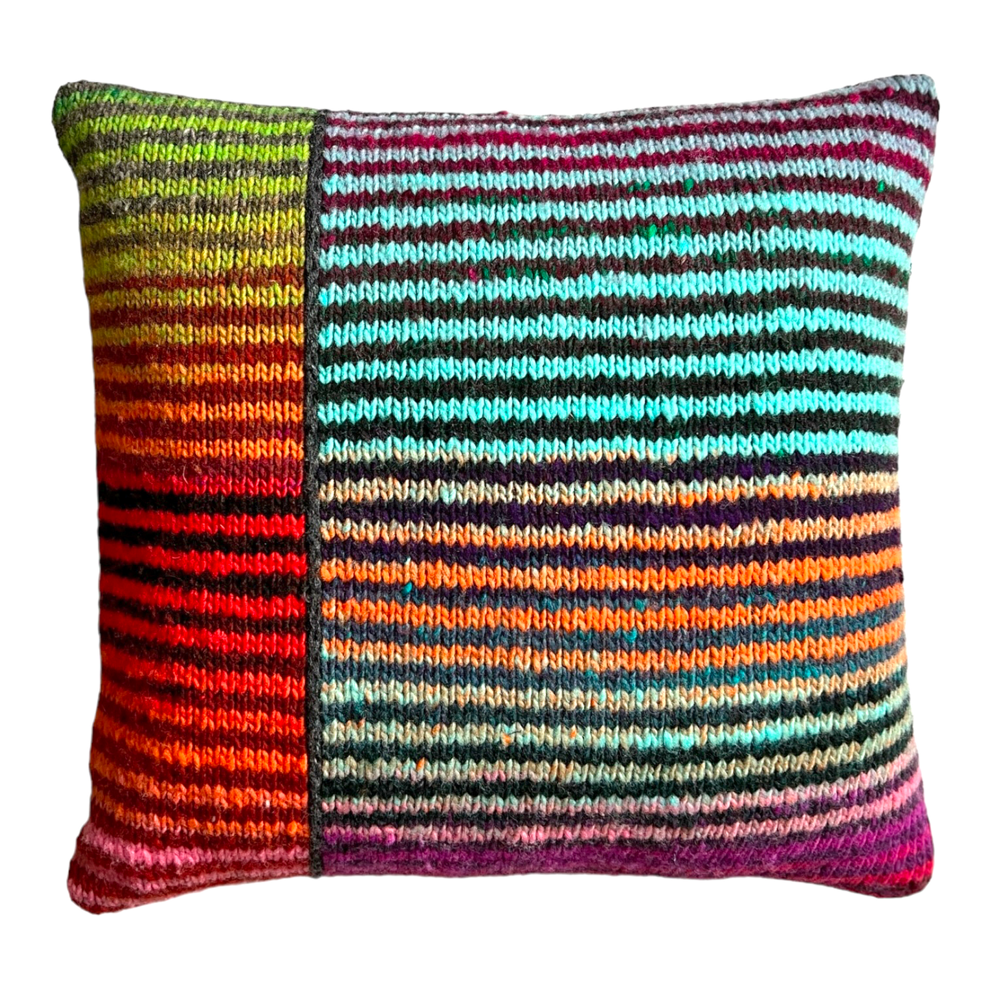 100% wool throw pillow, hand-knit in two sections of alternating, variegated stripes in a rainbow of bright colors.