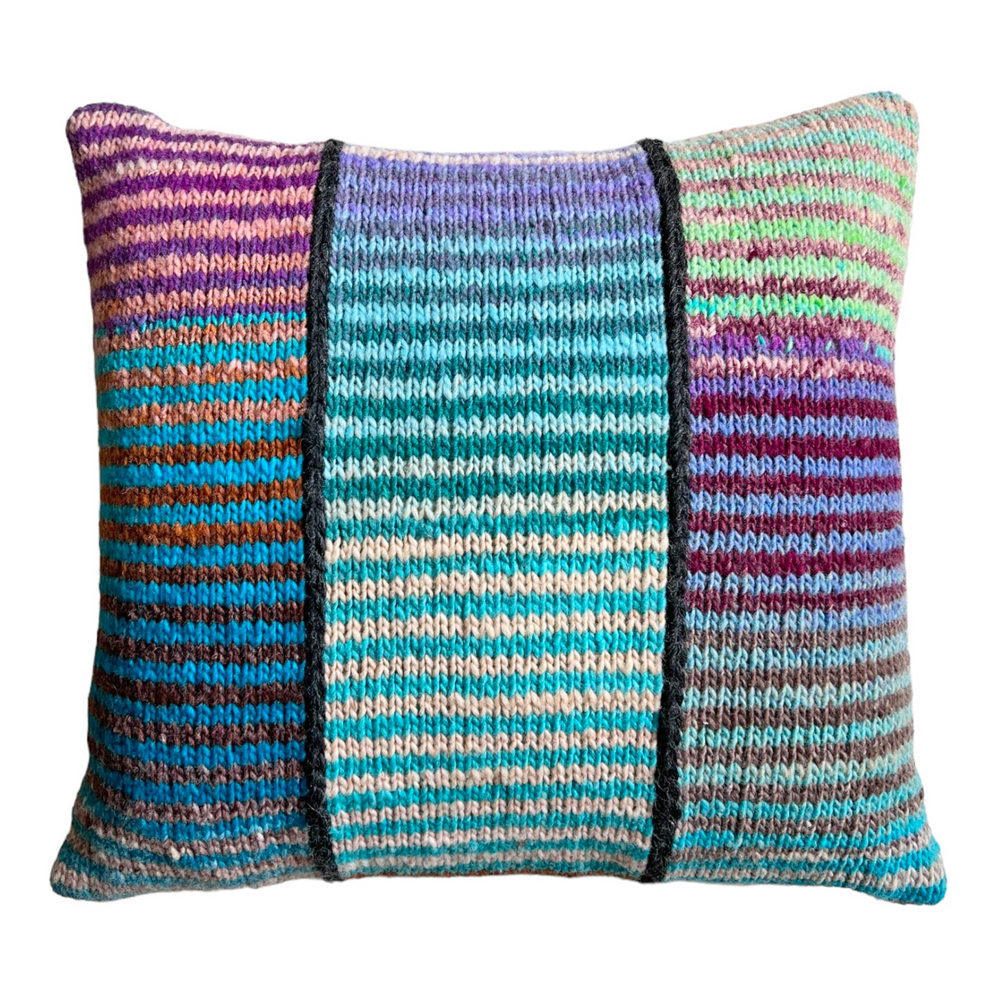 100% wool throw pillow, hand-knit in three vertical sections of alternating, variegated stripes in shades of blue, off-white, pink, and lavender.