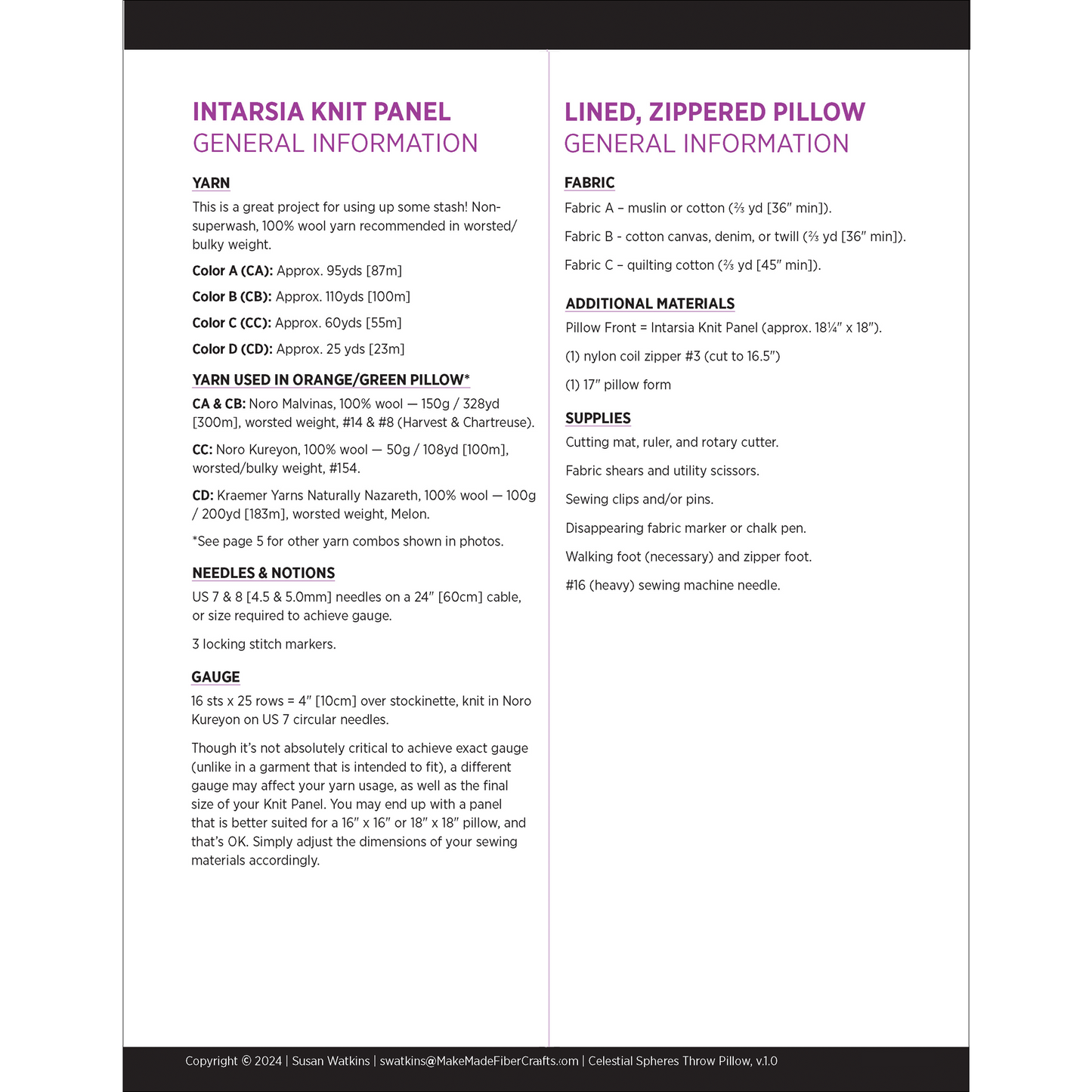 Each part of the pattern stands alone. Knit an intarsia panel. Sew a lined, zippered pillow. Combine the two to create a one-of-a-kind, hand-knit, decorative throw pillow.