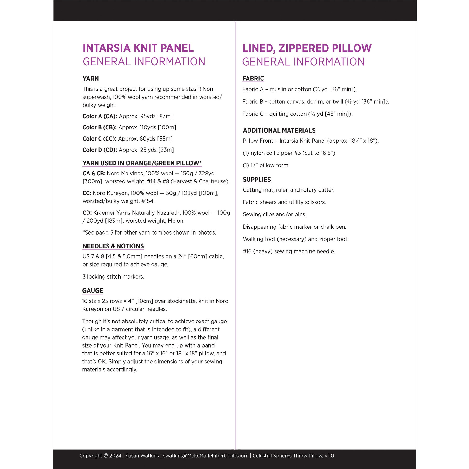 Each part of the pattern stands alone. Knit an intarsia panel. Sew a lined, zippered pillow. Combine the two to create a one-of-a-kind, hand-knit, decorative throw pillow.