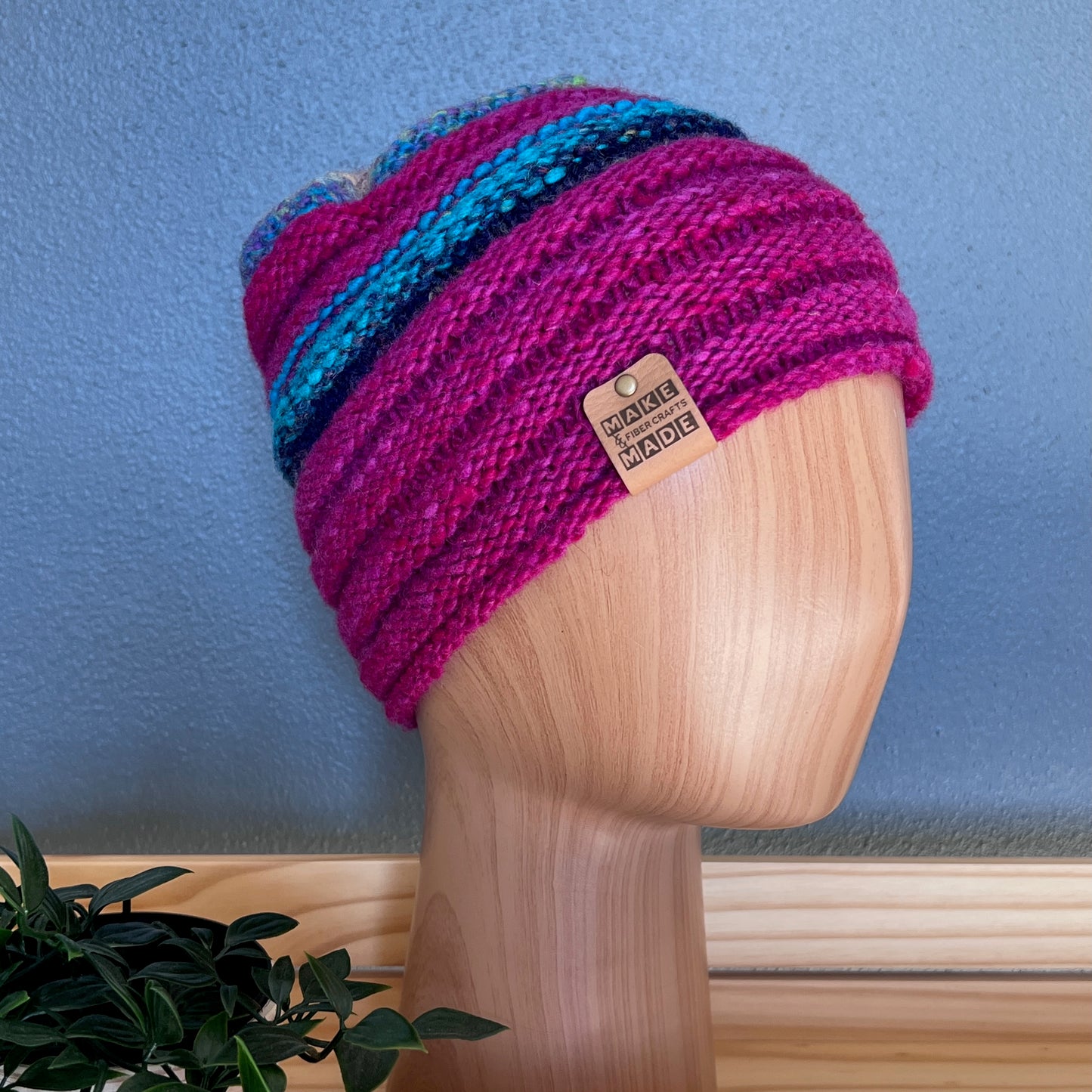 Jelly Roll Hand-knit Beanie - Magenta w/Turquoise