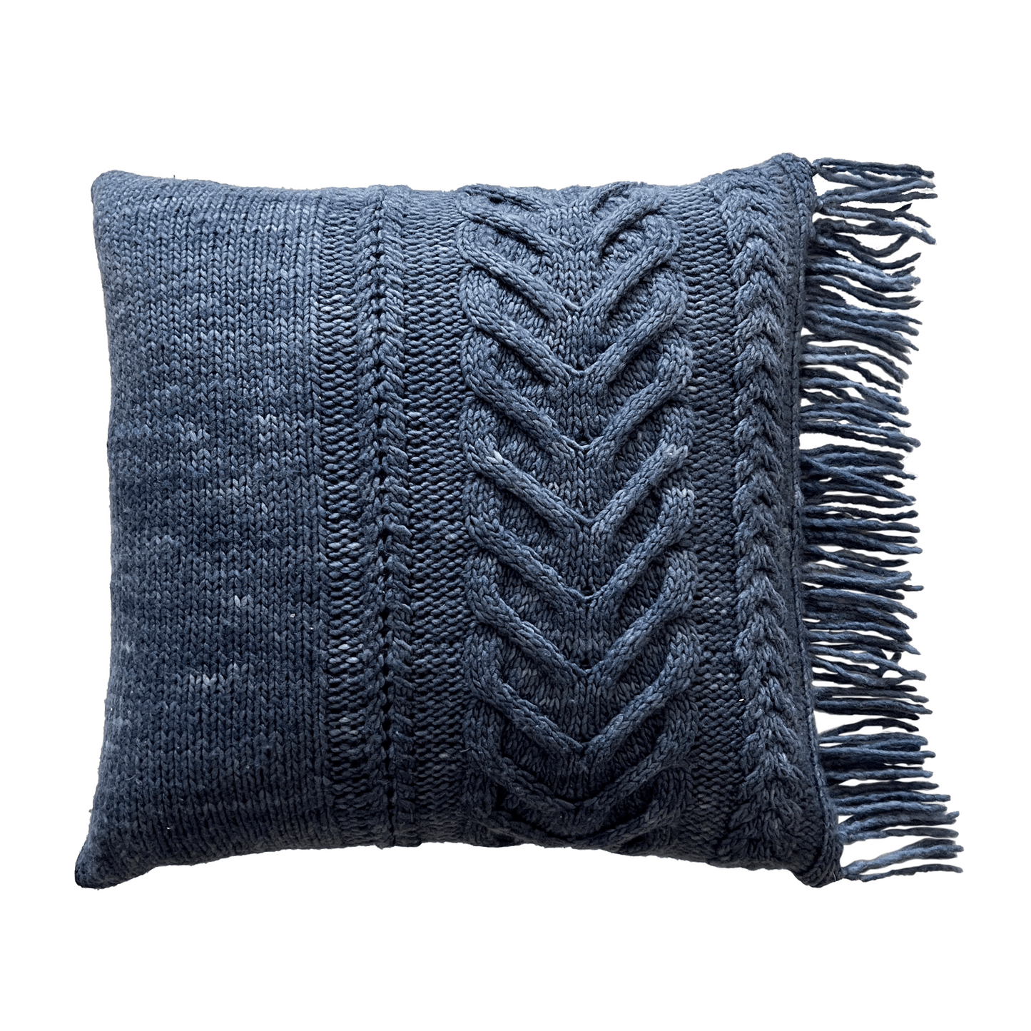 This decorative, staghorn cabled throw pillow is hand-knit with super soft 100% merino Maxima yarn in denim blue.