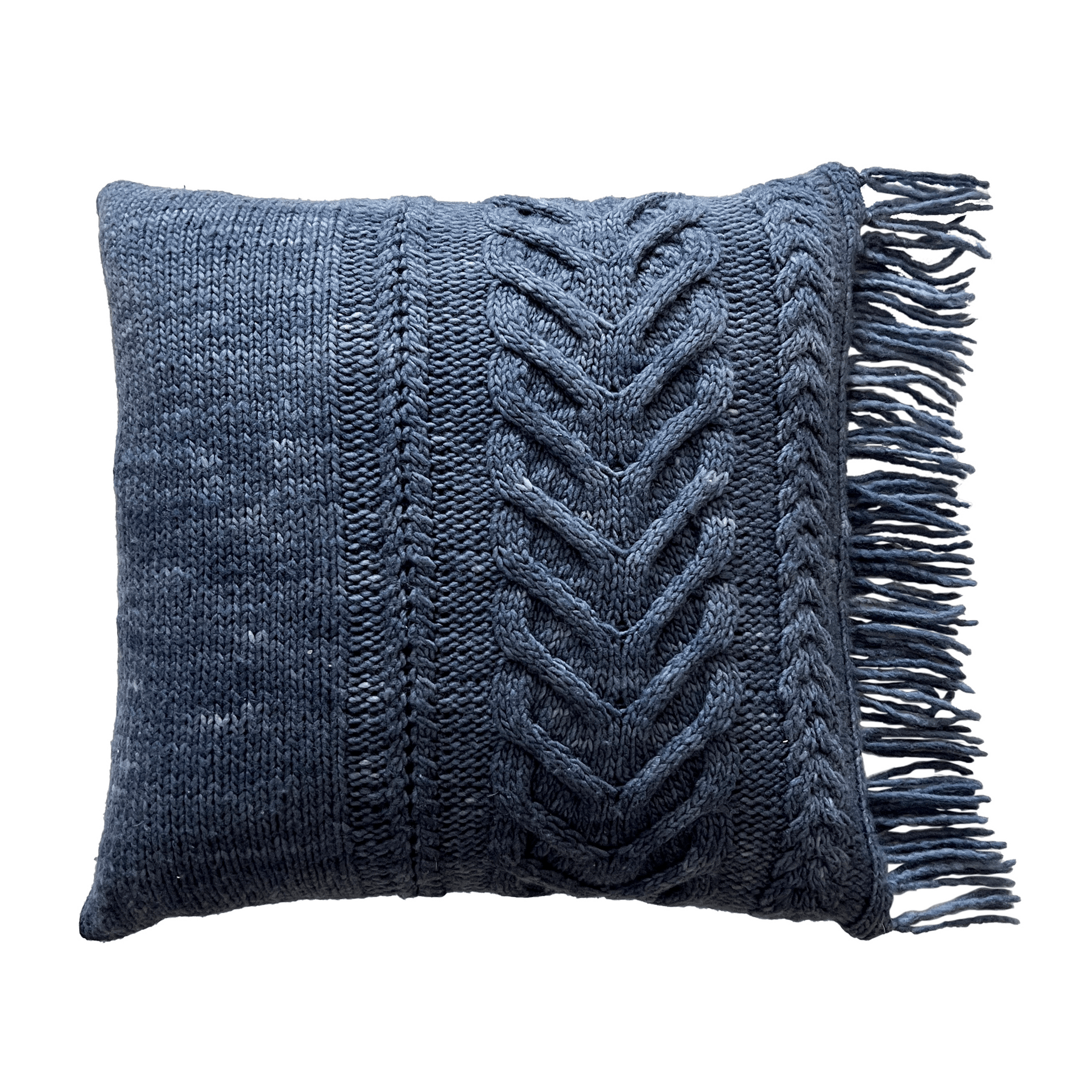 This decorative, staghorn cabled throw pillow is hand-knit with super soft 100% merino Maxima yarn in denim blue.