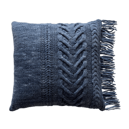 This decorative, staghorn cabled throw pillow is hand-knit with super soft 100% merino Maxima yarn in denim blue.