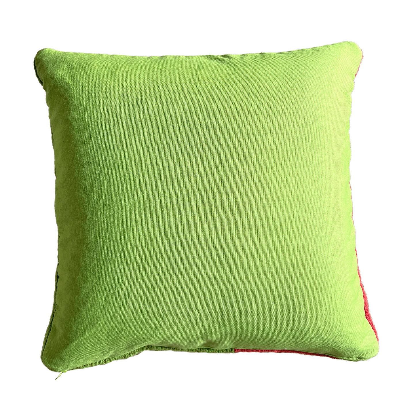 Featuring a hidden side zipper, this hand-sewn, removable pillow cover is backed in bright lime green cotton canvas.