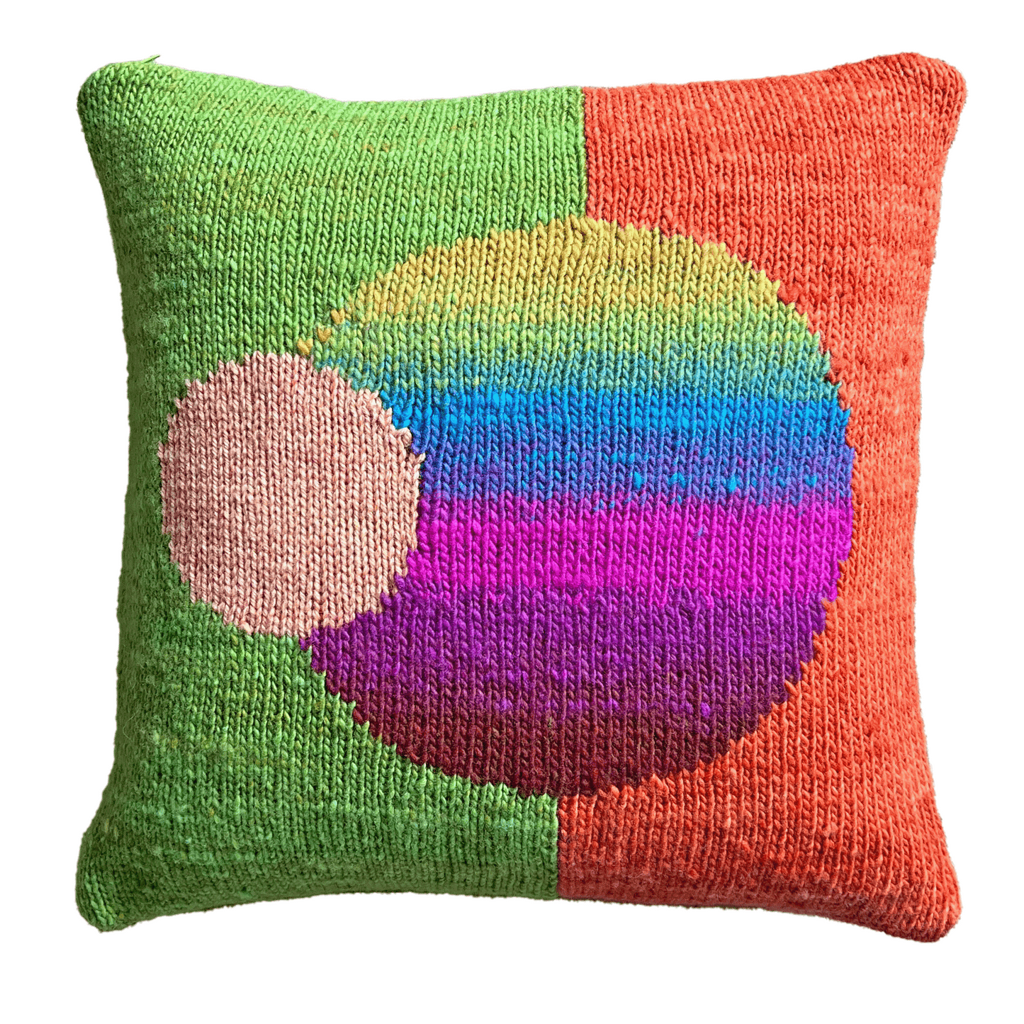 This decorative throw pillow featuring bold geometric spheres is hand-knit with 100% wool in shades of orange, lime, pink, blue, and yellow.