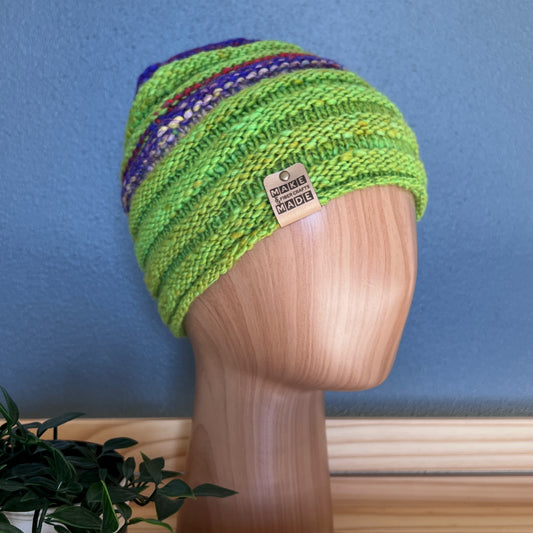 Jelly Roll Hand-knit Beanie - Lime w/Purple