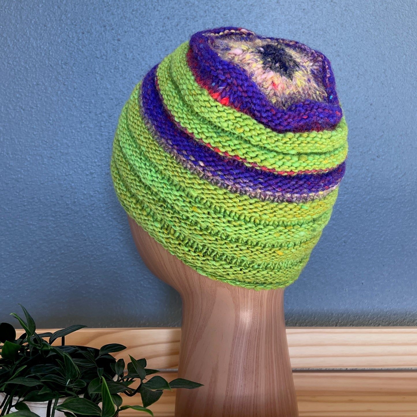 Jelly Roll Hand-knit Beanie - Lime w/Purple
