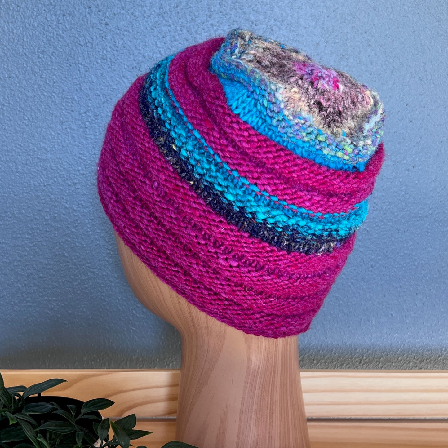 Jelly Roll Hand-knit Beanie - Magenta w/Turquoise