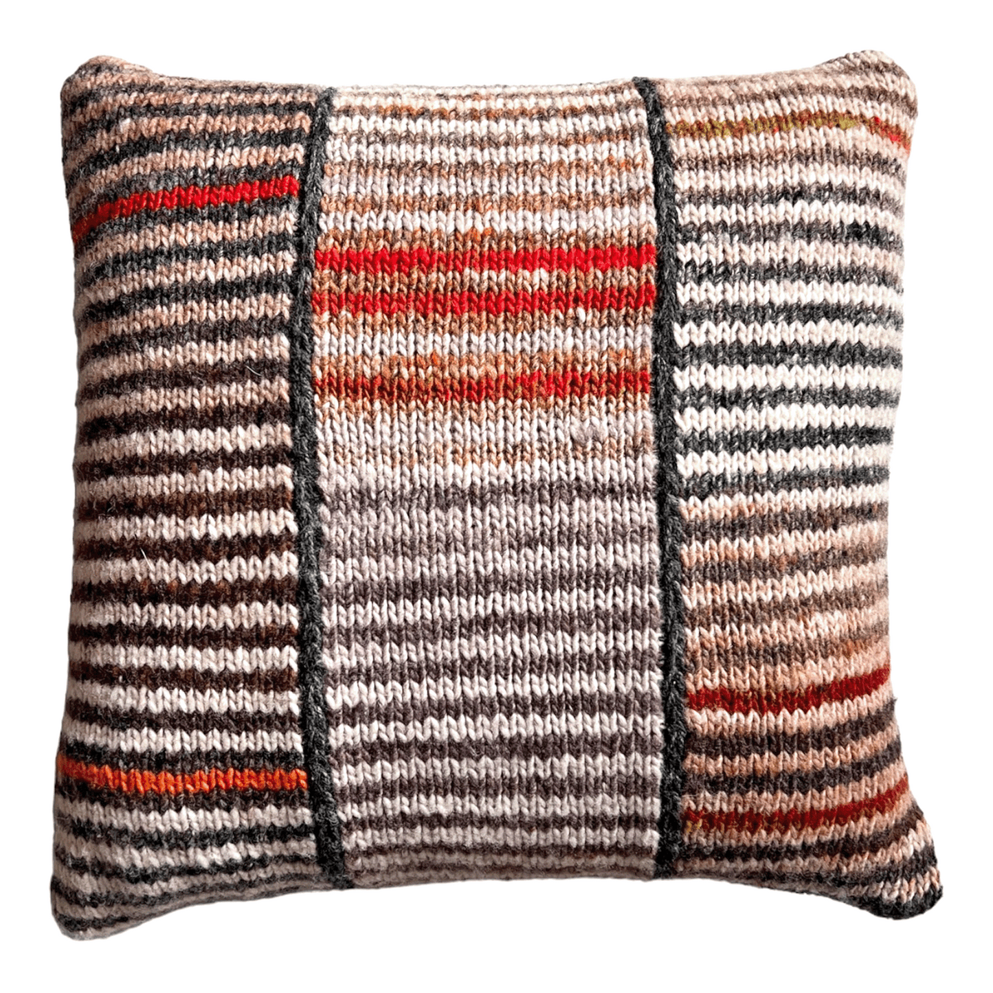 This decorative throw pillow is hand-knit with 100% wool yarn in neutral stripes of ivory, tan, brown, and taupe with pops of orange.