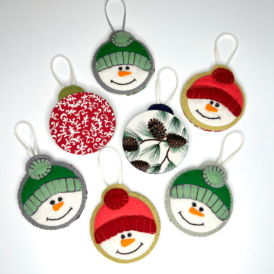 Snowmen Bauble Disc Ornaments | Wool Felt