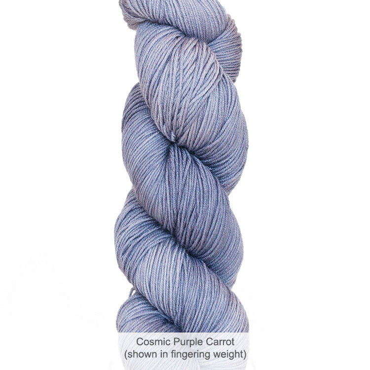 One skein of Urth's Harvest DK Yarn in color Cosmic Purple Carrot (shown in fingering weight)