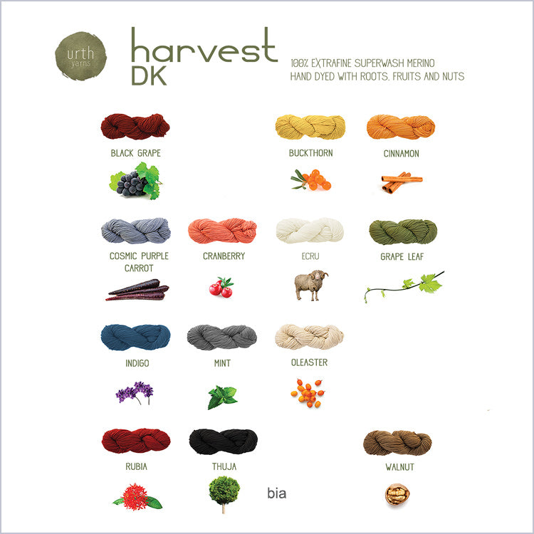 Color chart showing skeins of yarn and what each is dyed with