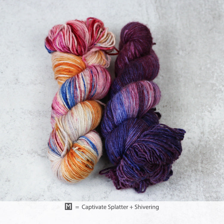 Zen Yarn Garden’s Serenity 20 Superfine Fingering in colorway M - Captivate Splatter + Shivering