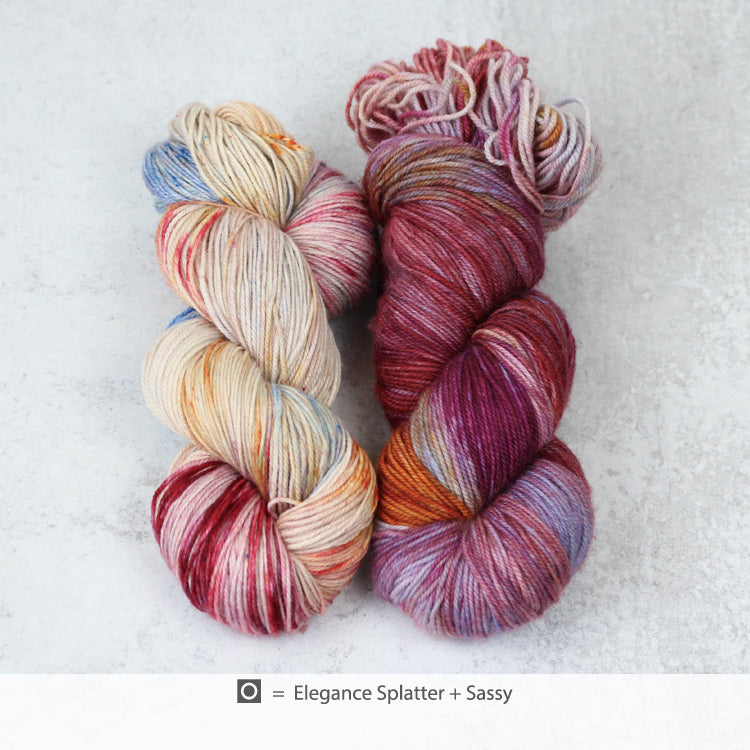 Zen Yarn Garden’s Serenity 20 Superfine Fingering in colorway O - Elegance Splatter + Sassy