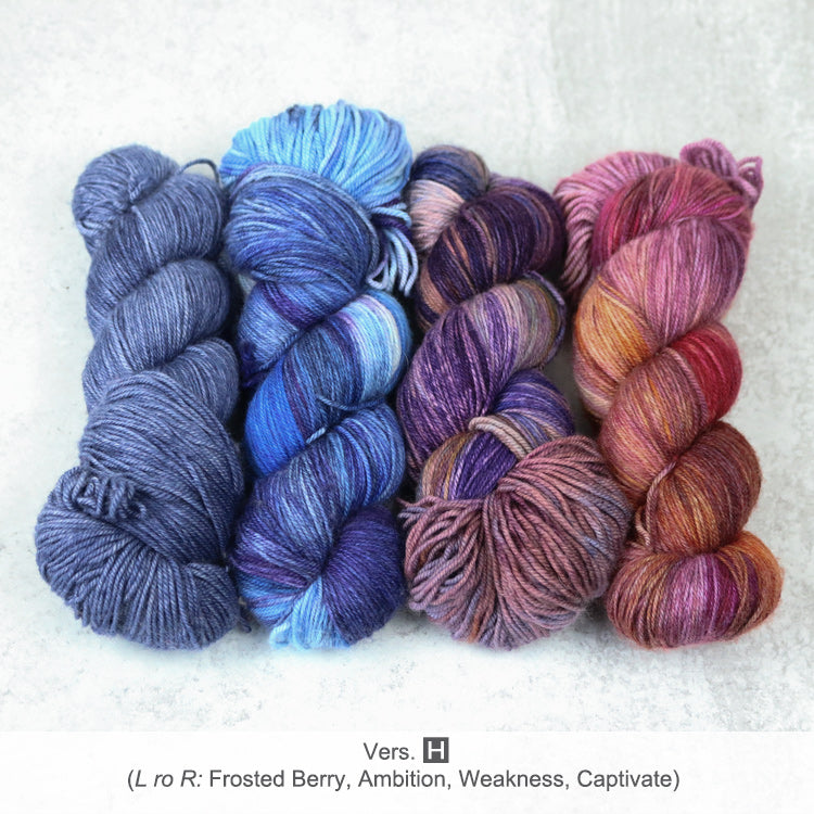 4 skeins of Zen Yarn Garden's Serenity 20 Superfine Fingering in colorway Version H - Frosted Berry, Ambition, Weakness, & Captivate
